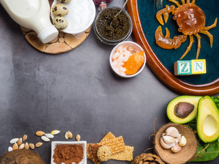 Ingredients or products containing zinc and dietary fiber, natural sources of minerals, healthy lifestyle, copy space