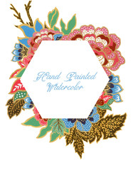 Hand drawn watercolor gouache illustration oriental batik sarong flower foliage leaves frame border banner Perfect for invitations greeting cards