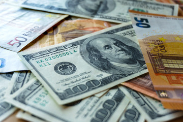 Pile of old one hundred dollar bills bills, close up dollars