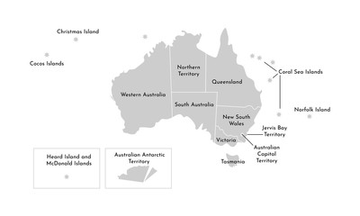 Vector isolated illustration of simplified administrative map of Australia. Borders and names of the provinces (regions). Grey silhouettes. White outline