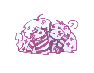 teenagers hugging. drawn by purple pen graphic vector illustration on white background.