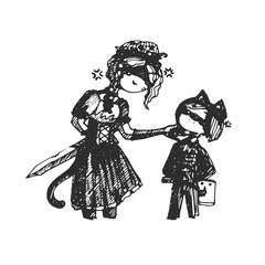 teenagers cartoons manga style. boy and girl in vintage costumes. hand-drawn black and white illustration