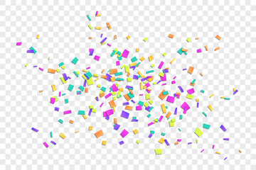 Falling confetti isolated white transparent background. Abstract design element festive party, Christmas holiday, New Year celebration. Bright birthday decoration, paper tinsel. Vector illustration