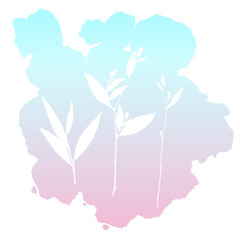 Botanical illustration with herbs, plants, flowers and leaves. Isolated white vector silhouettes on gradient background. Graphic design for background, card, web banner, poster, invitation.