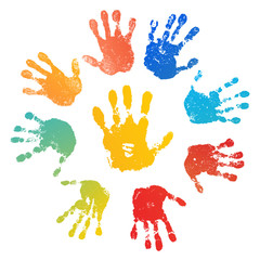 Hand rainbow print sun, isolated on white background. Color child handprint. Creative paint hands prints. Happy childhood design. Artistic kids stamp, bright human fingers, palm. Vector illustration - 267207534