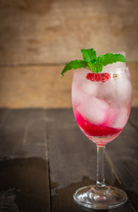 Fresh Ice Mulberry Soda drink on the wood table.