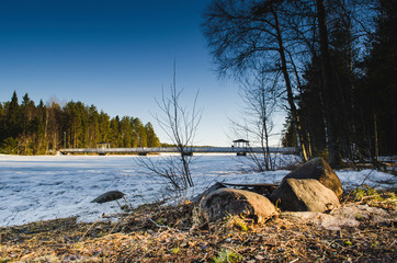 sun light illuminated stone in front of a frozen lake with birch pine trees around while branches hanging from the blue sky