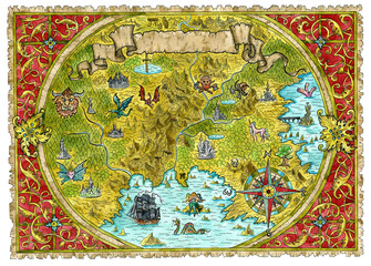 Watercolor pirate treasures map of fantasy world.