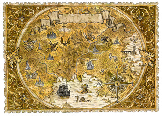 Old pirate map of fantasy world with dragons © samiramay