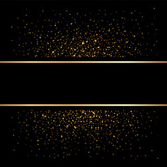 Gold lines on black background. Golden glow sparkle effect. Shine bright frame. Light magic effect design. Abstract shiny banner for Christmas decoration, Happy New Year holiday. Vector illustration