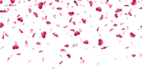 Heart falling confetti isolated white background. Pink fall hearts. Valentine day decoration. Love element design, hearts-shape confetti invitation wedding card, romantic holiday. Vector illustration