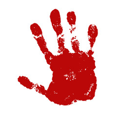 Hand paint print, isolated white background. Red human palm and fingers. Abstract art design, symbol identity people. Silhouette child, kid, people handprint. Grunge texture. Vector illustration