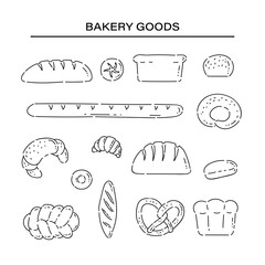Set bakery products bread line doodle icons. Different baked goods vector sketch black isolated illustration on white background.