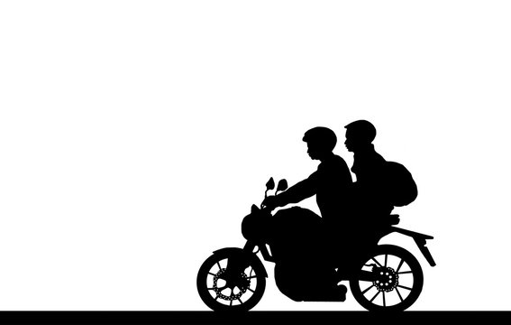  silhouette lover couple ride classic motorcycle on white background