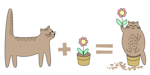 Cat goes to play with a pot. Flower in a pot. Then the animal sits in a pot, tears a flower. Pet happy smiling. Vector illustration