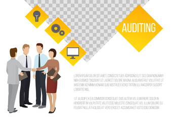 Auditing banner vector illustration. Businessmen are discussing steps to comply with relevant laws, policies, and regulations. Research, project management, planning, accounting.