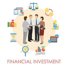 Financial investment banner, poster vector illustration. Earning money. Group of people discussing questions. Man and woman shaking hands. Business consultation and teamwork.