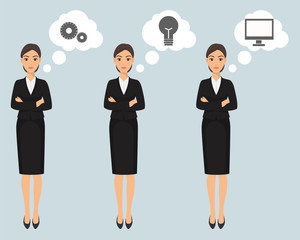 Elegant pretty business woman in formal clothes banner vector illustration. Base wardrobe, feminine corporate dress code. Girl is thinking, in the thought bubble gear, lamp and computer.