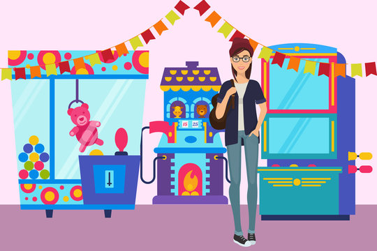 Girl in game room banner vector illustration. Gambling machine with toys for children in the amusement park. Shooting with guns in different figures.Cartoon female character.
