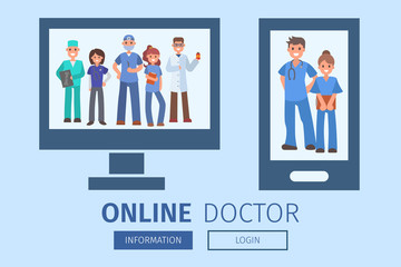 Online doctor. Team of doctors and other hospital workers banner vector illustration. Medicine professionals and medical staff people in uniform doctor, nurse. Health care clinic.