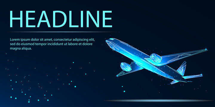 Airplane taking off. Banner. Abstract image of a starry sky or space, consisting of points, lines, n the form of stars and the universe. Low poly vector