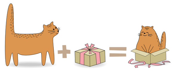 Cute red cat. Pet saw a gift. The animal has gone to the box and is happy and smiling. Cartoon image. Vector illustration