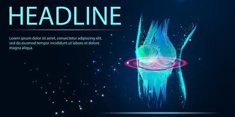 Human knee joint 3d model. Low poly wireframe style. Vector, Banner. Abstract image of a starry sky or space, consisting of points, lines, n the form of stars and the universe. Low poly vector