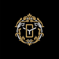 Initial letter Y and D, YD, DY, decorative ornament emblem badge, overlapping monogram logo, elegant luxury silver gold color on black background