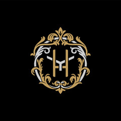 Initial letter Y and H, YH, HY, decorative ornament emblem badge, overlapping monogram logo, elegant luxury silver gold color on black background