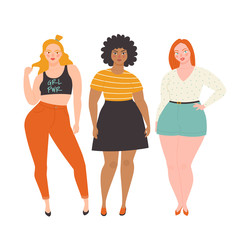 Body-positive girls. Vector illustration of three overweight young women in summer clothes. Isolated on white.