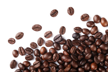 Roasted coffee beans isolated on white background with copy space. 