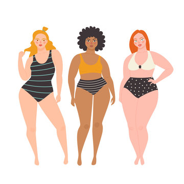 Body-positive girls. Vector illustration of three overweight young women in swimsuits.Isolated on white