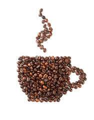 Roasted coffee beans forming cup shape. Cut out.