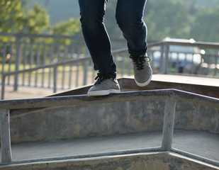 parkour jumping on steel pipe with balance