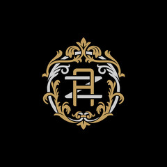 Initial letter Z and A, ZA, AZ, decorative ornament emblem badge, overlapping monogram logo, elegant luxury silver gold color on black background - obrazy, fototapety, plakaty