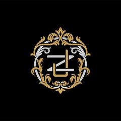 Initial letter Z and J, ZJ, JZ, decorative ornament emblem badge, overlapping monogram logo, elegant luxury silver gold color on black background