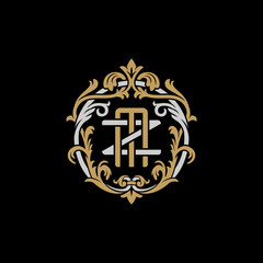 Initial letter Z and M, ZM, MZ, decorative ornament emblem badge, overlapping monogram logo, elegant luxury silver gold color on black background - obrazy, fototapety, plakaty