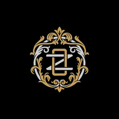 Initial letter Z and O, ZO, OZ, decorative ornament emblem badge, overlapping monogram logo, elegant luxury silver gold color on black background