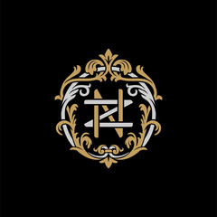 Initial letter Z and N, ZN, NZ, decorative ornament emblem badge, overlapping monogram logo, elegant luxury silver gold color on black background