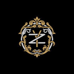 Initial letter Z and Y, ZY, YZ, decorative ornament emblem badge, overlapping monogram logo, elegant luxury silver gold color on black background