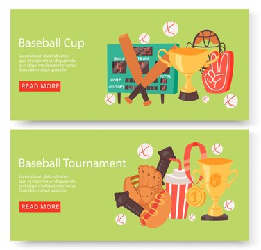Baseball club or tournament set of banners, flyers vector illustration. Sport accessories such as bat, ball, softball gloves, batting helmets, catcher gear, electronic board.