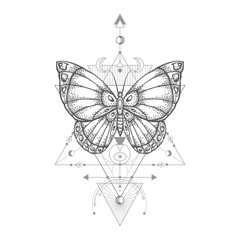 Vector illustration with hand drawn butterfly and Sacred geometric symbol on white background. Abstract mystic sign.