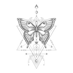 Vector illustration with hand drawn butterfly and Sacred geometric symbol on white background. Abstract mystic sign.