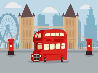 Discover London on double decker red bus banner vector illustration. City public transport service vehicle retro bus. Tourist sights and symbols of Great Britain. Big Ben, London Eye.