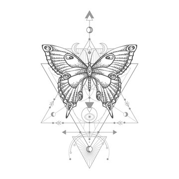 recommend clip art: Vector illustration with hand drawn butterfly and Sacred geometric symbol on white background. Abstract mystic sign.