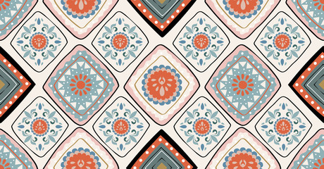 orange green black geometric seamless pattern in African style with square,tribal,circle shape