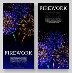 Fireworks festival bursting in various shapes and colors, sparkling lights against black background set of banners or flyers vector illustration. Advertisement of event at night.