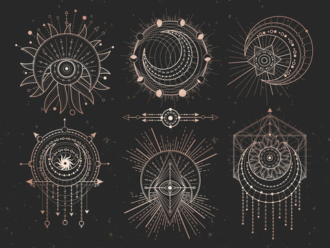 Vector set of Sacred geometric symbols and half moon on black grunge background. Gold abstract mystic signs collection.