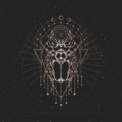 Vector illustration with hand drawn Stag beetle and Sacred geometric symbol on black vintage background. Abstract mystic sign.