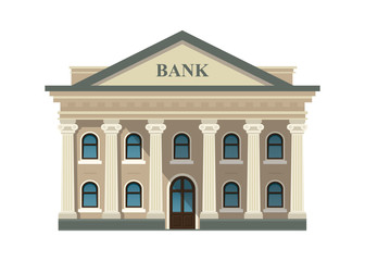 Bank building facade, university or government institution isolated on white background. Architecture building with columns. Vector illustration. Flat style. EPS 10. - obrazy, fototapety, plakaty